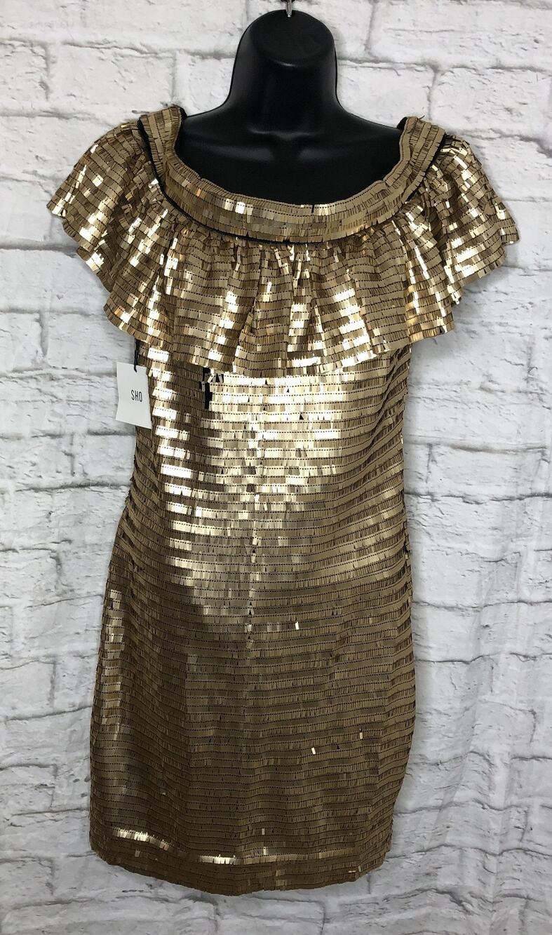 $348 Sho Women's Gold Sequined Ruffled Off-The-Shoulder Sheath Dress Size 6